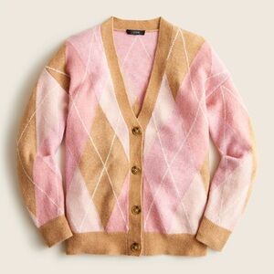 J Crew Pink Tan Argyle Cardigan Sweater in Supersoft Wool & Alpaca Blend Size M